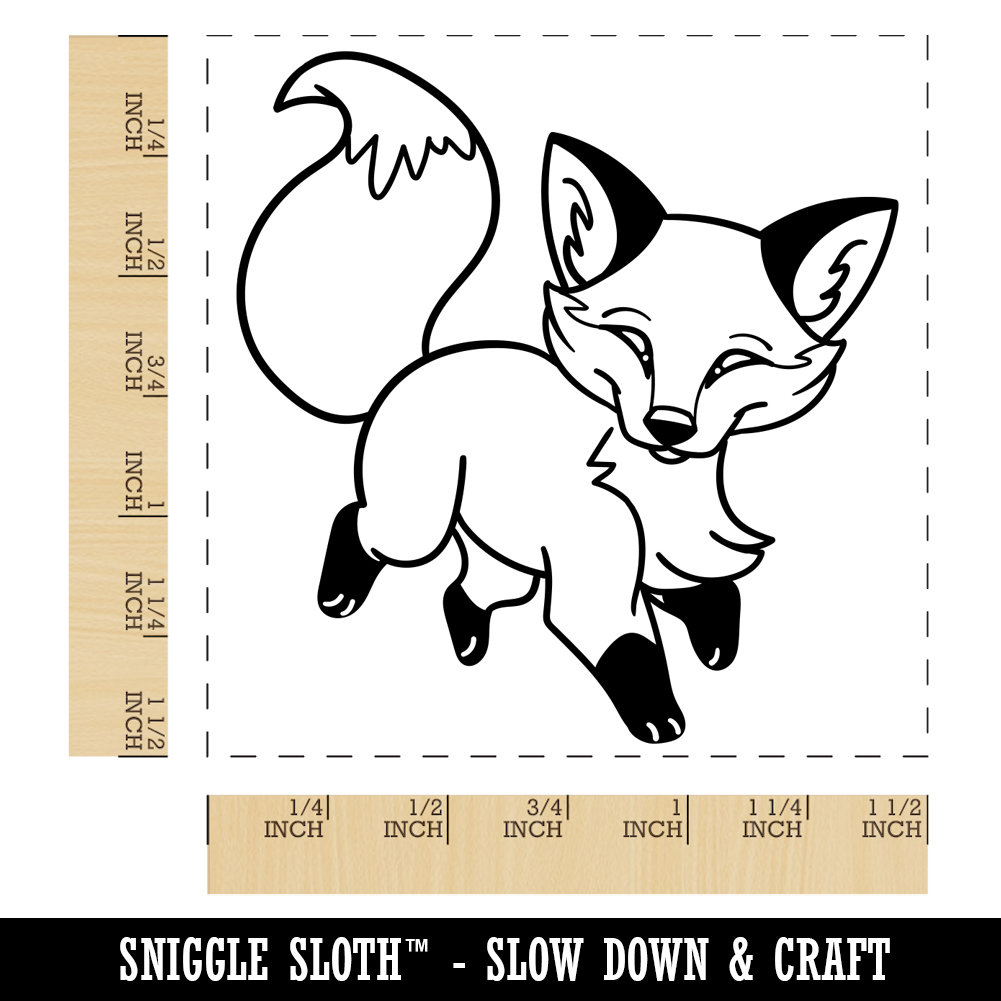 Playful Chibi Fox Self-Inking Rubber Stamp Ink Stamper - Blue Ink - Large 1-1/2 Inch