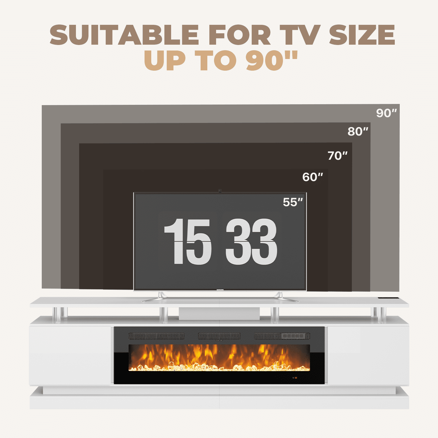 BaPiPro 90" Fireplace TV Stand for TVs up to 100", Modern Entertainment Center TV Console with Storage for Living Room, White TV Stand and Black Fireplace