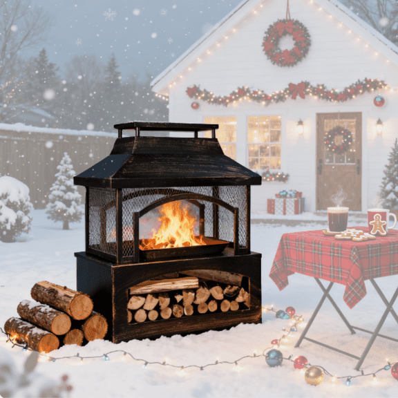 Red Mountain Valley 37" Steel Outdoor Wood-Burning Fire Pit, with Mesh Screen and Log Poker for Patio, Garden, Backyard Heating and Bonfire