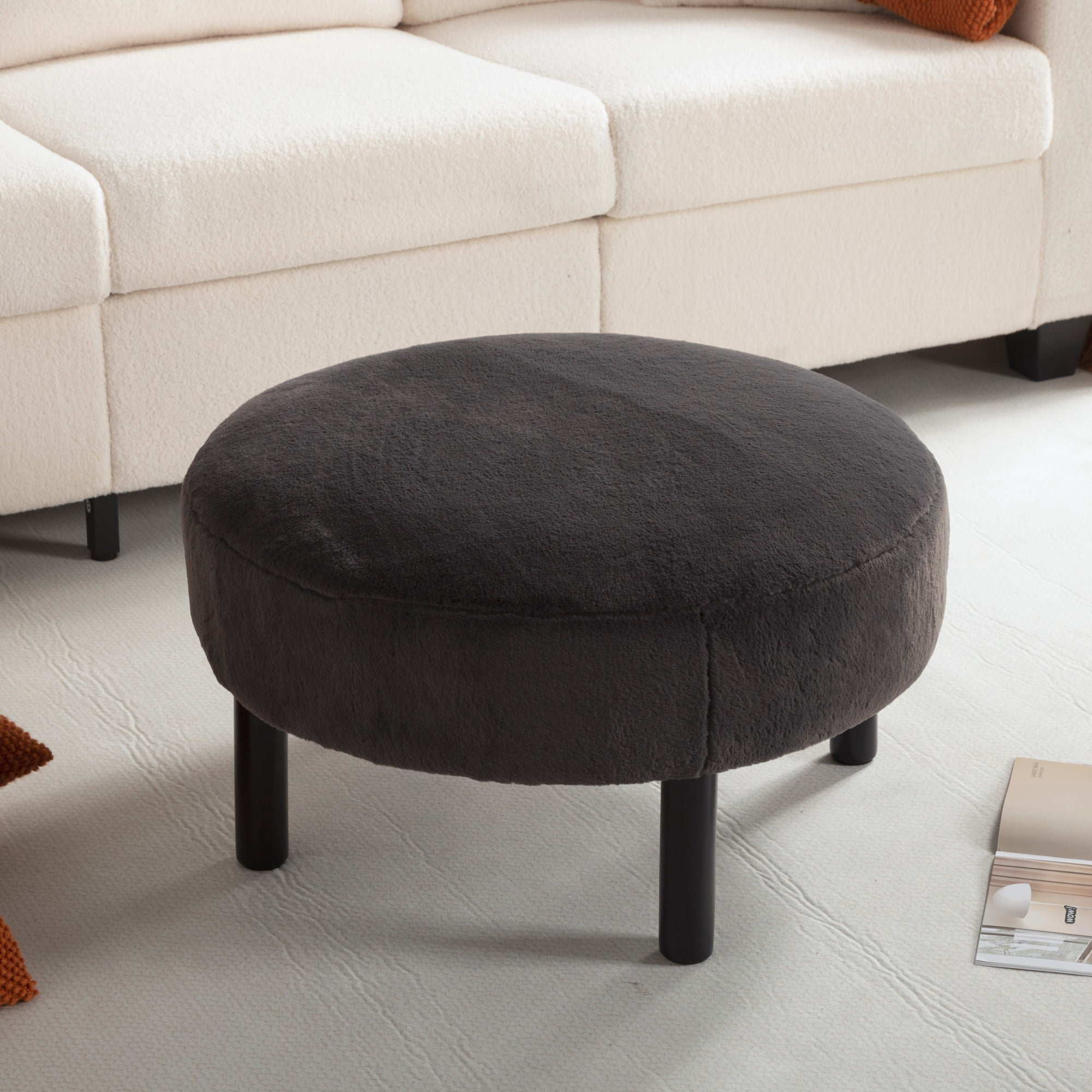 Gewnee 27.56” Round Ottoman Faux Rabbit Fur Upholstered Footrest with Rubber Wood Legs for Living Room, Dark Gray