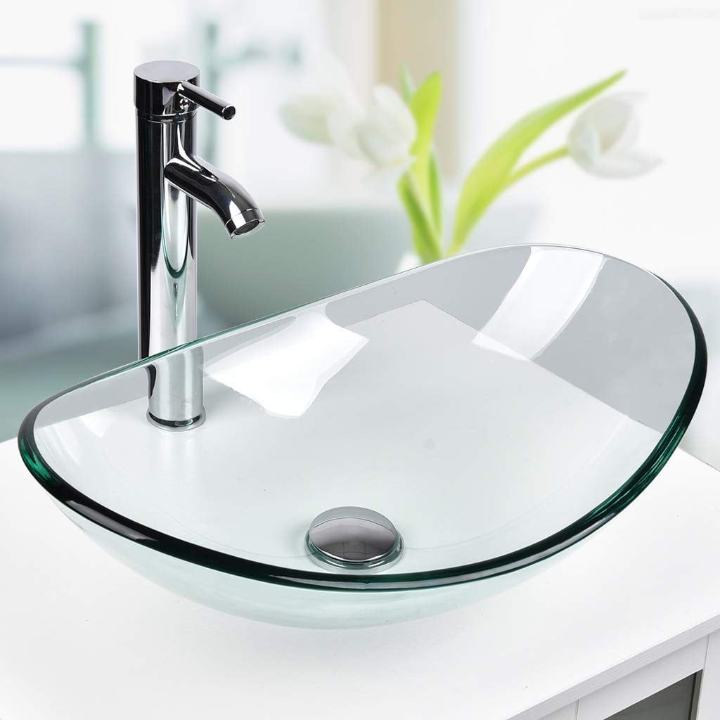 ELECWISH Bathroom Frosted Vessel Sink Tempered Glass Basin Chrome Faucet Pop-up Drain Combo