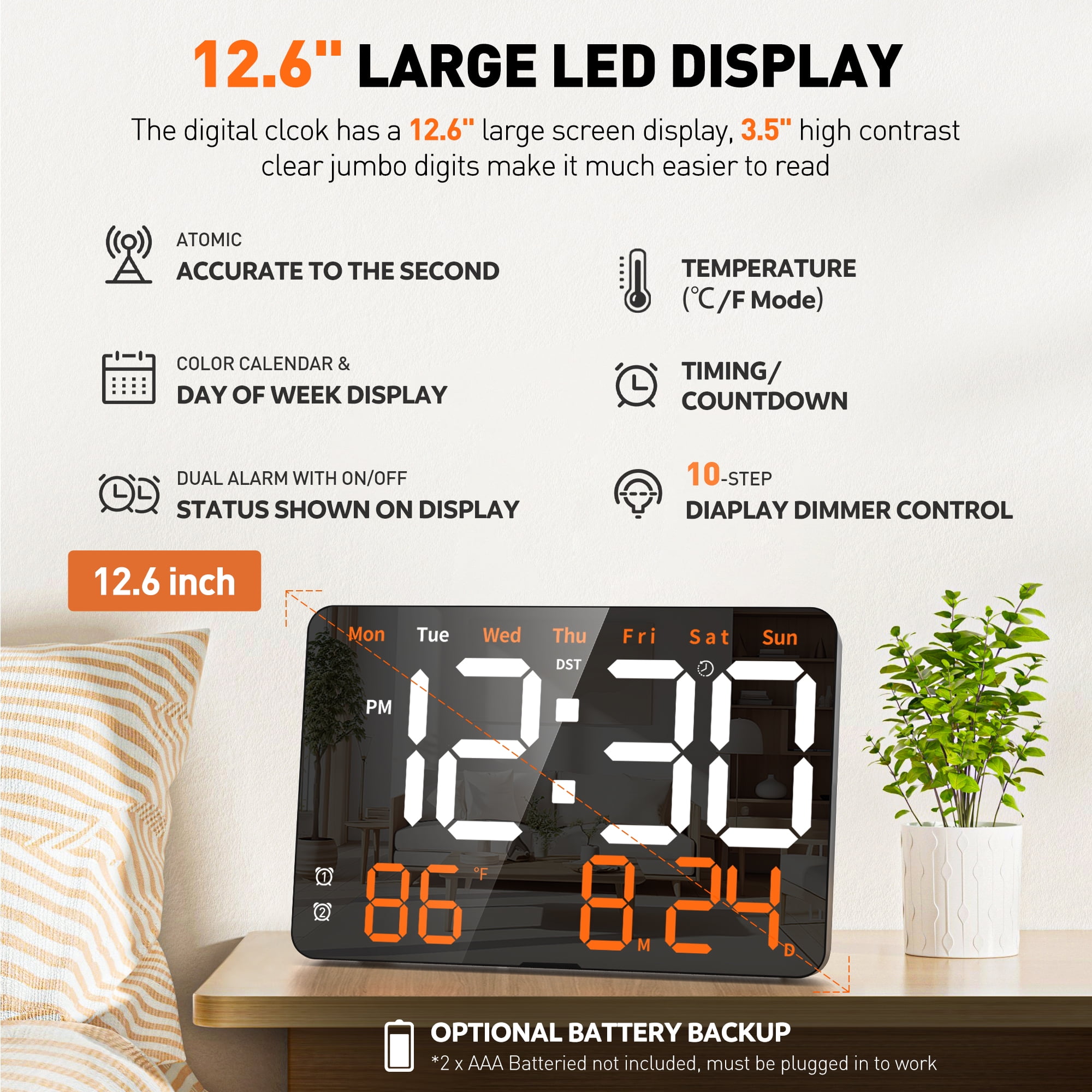 Digital Clock,11.5" Large LED Display Digital Wall Clock, Brightness Adjustable,with Day and Date,Indoor Temperature, Snooze,12/24 H,for Home,Office,Living Room