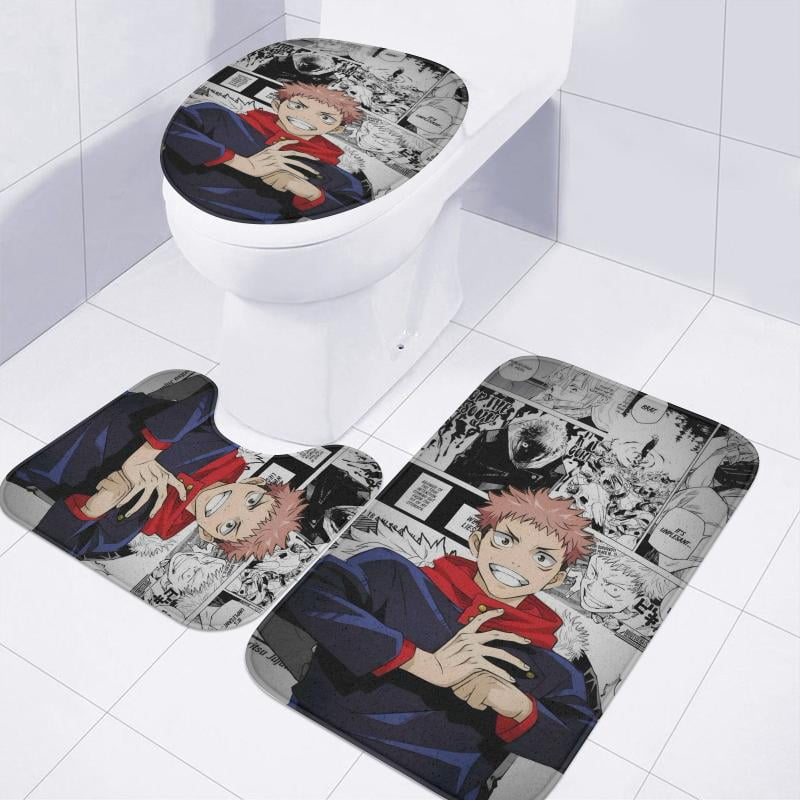 Lheaggik Anime Jujutsu Kaisen 4 Pcs Bathroom Sets with Shower Curtain and Rugs, Waterproof Polyester Shower Curtain Sets with Hooks