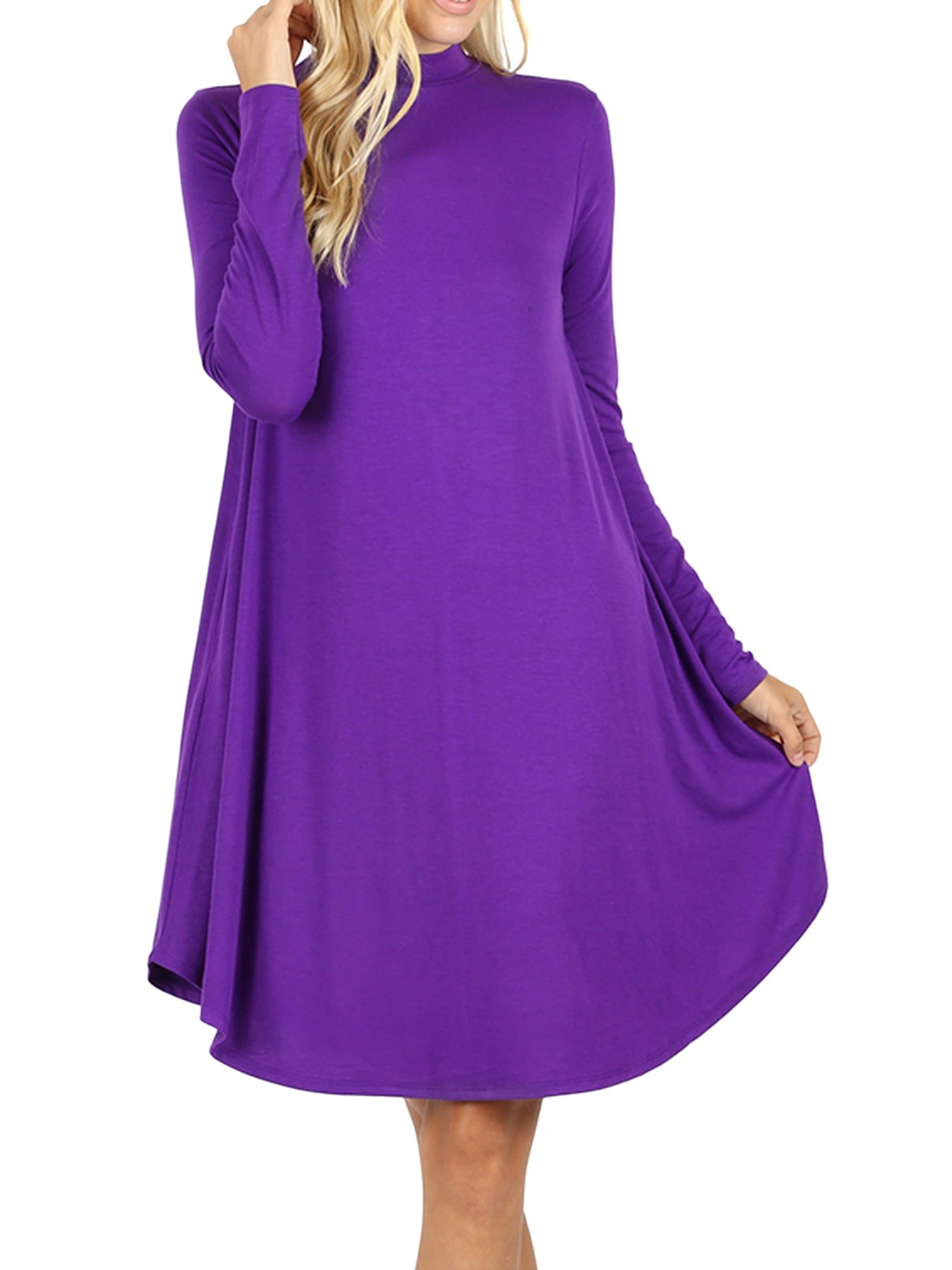 Womens & Plus Mock Neck Long Sleeve Flared A-Line Tunic Midi Dress with ...