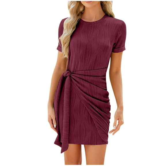 Women's 2024 Summer T Shirt Dress Casual Short Sleeve Wrap Bodycon Ruched T Shirt Dress Tie Waist Mini Dresses Sundress Purple,XL
