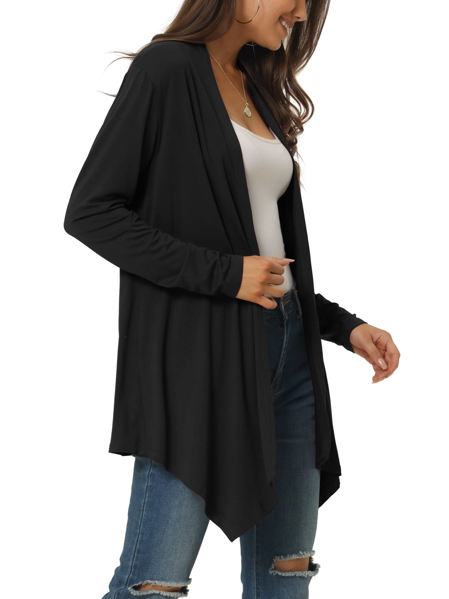 Unique Bargains Women's Spring Fall Draped Open Front Lightweight Cardigan Shrugs Boleros L Black