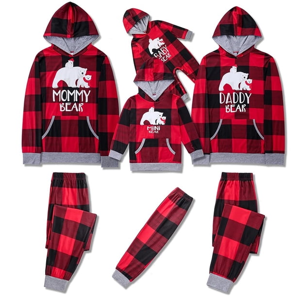 Christmas Bear Print Family Matching Outfits Adult Kids 2 Pieces Pajamas Set Baby Romper Warm Thick Hooded Pullover+Trousers Pjs