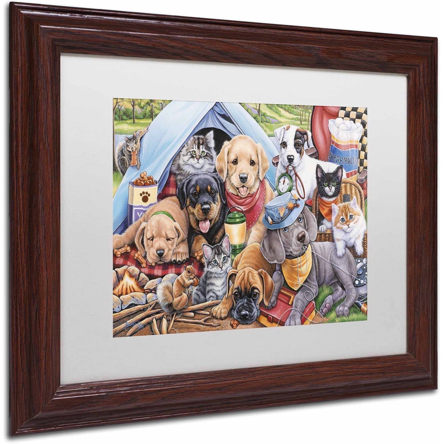 Trademark Fine Art 'Camping Buddies' Canvas Art by Jenny Newland, White Matte, Wood Frame