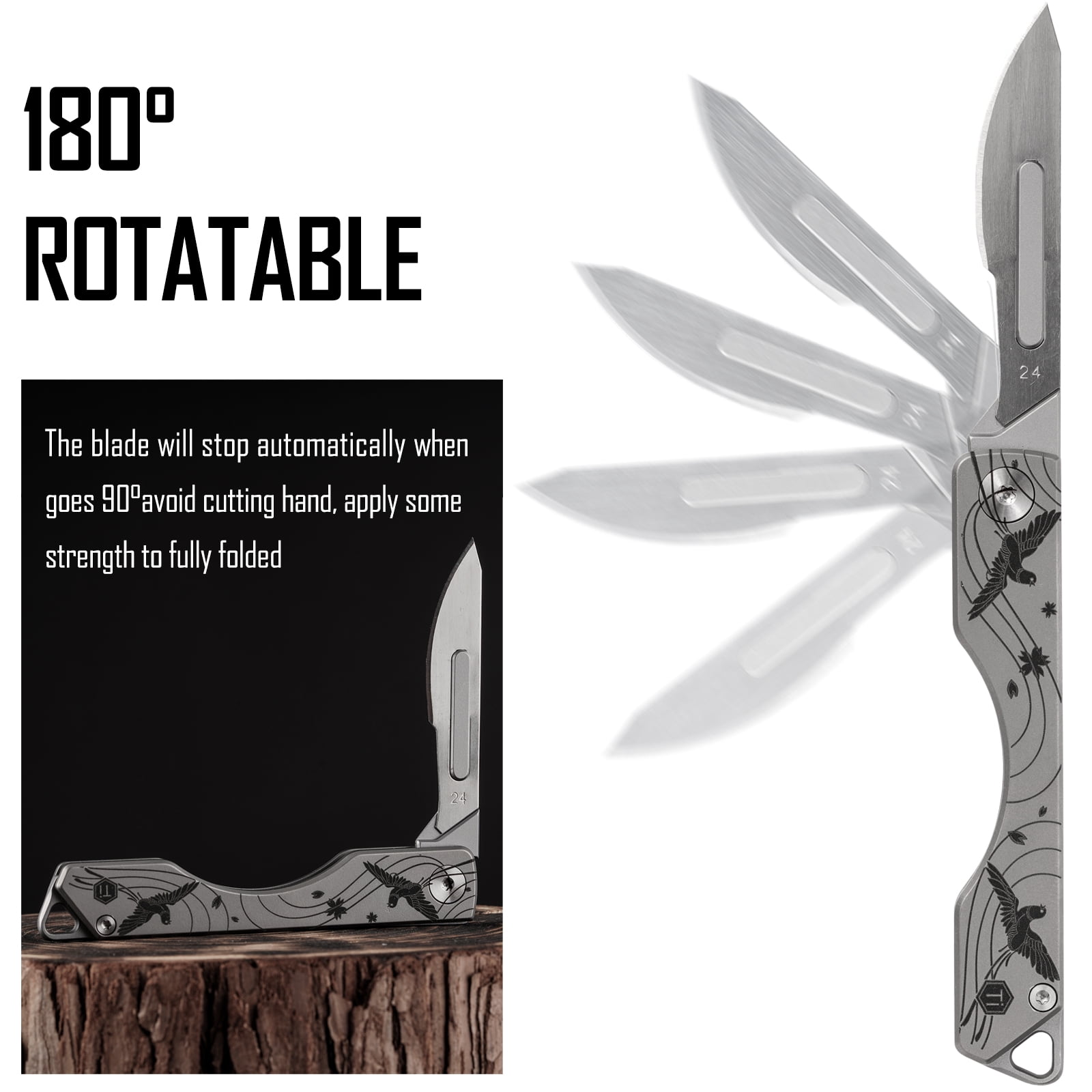 Key Unity KK01 Titanium Folding Knife, Utility EDC Pocket Knife with #24 Replaceable Blade, for Outdoor Hunting, Camping, Fishing, Hiking for Men & Women (Cherry Blossom Bird Pattern)