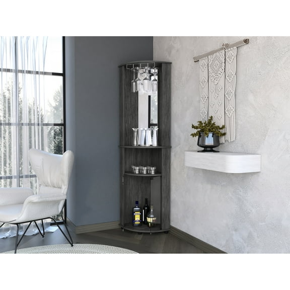 Stylish Corner Bar Cabinet - 3 Shelf, Glass Rack, And Mirrored Centerpiece Modern Unit Feature