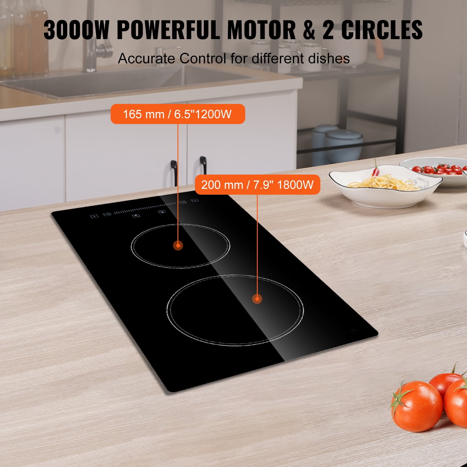 BENTISM 3000W Built-in Electric Cooktop Radiant Induction Cooktop Ceramic Cooktop 2 Burners Sensor Touch Stove 11.6''x20''