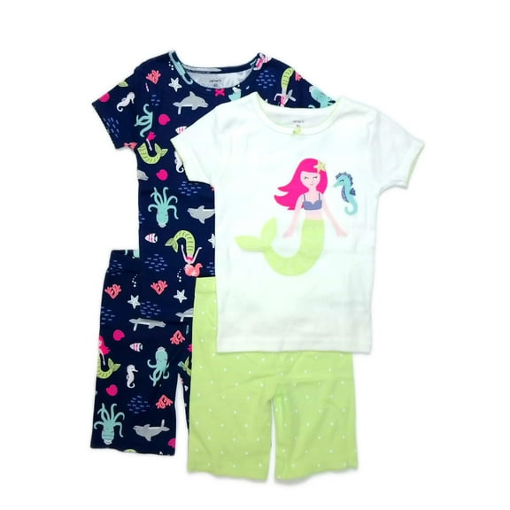 Toddler Girl's Mermaid, Ocean Sea Life 4-Piece Pajama Shorts, Shirts Set Size 4T