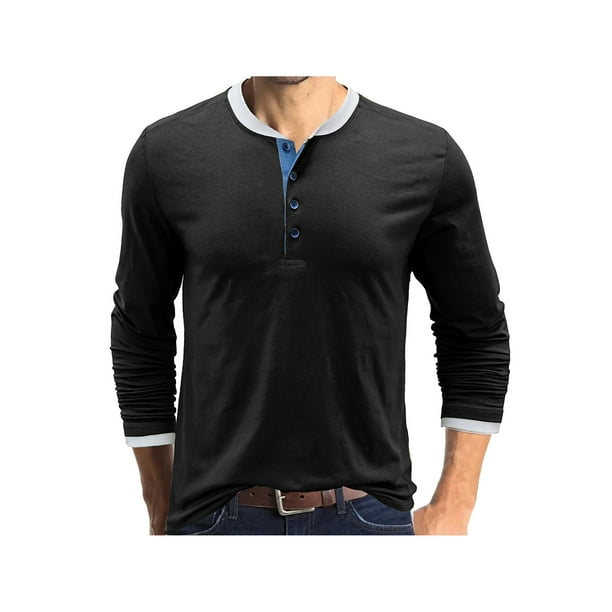 Sunloudy - Camisetas informales para hombre, cuello redondo, manga larga, cuello redondo, cierre de botones, escote Sunloudy S M L XL XXL