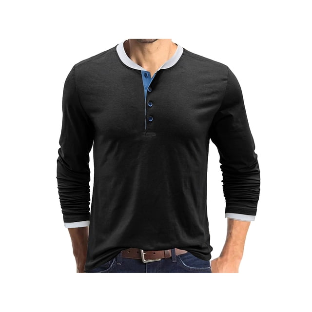 Sunloudy - Camisetas informales para hombre, cuello redondo, manga larga, cuello redondo, cierre de botones, escote Sunloudy S M L XL XXL