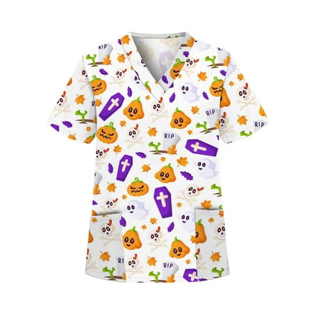 

Sexy Dance Women Casual Tunic Shirts Halloween Cartoon Print Loose V Neck Scrub Tops Workwear Short Sleeve Pullover Top Shirts