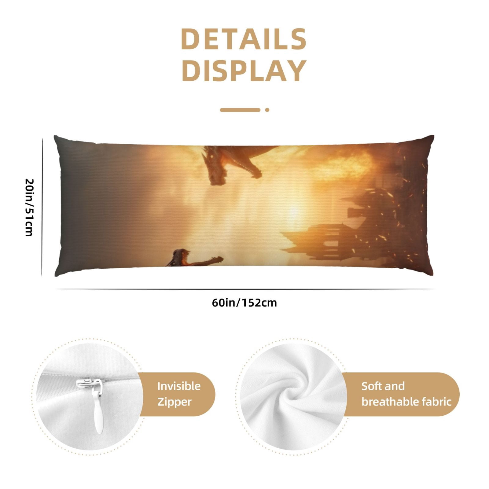 Naloa Castle Cool Fire Dragon Super Soft 20x60 Body Pillow Case,Long Side Hidden Zipper（PILLOWS ARE NOT INCLUDED）