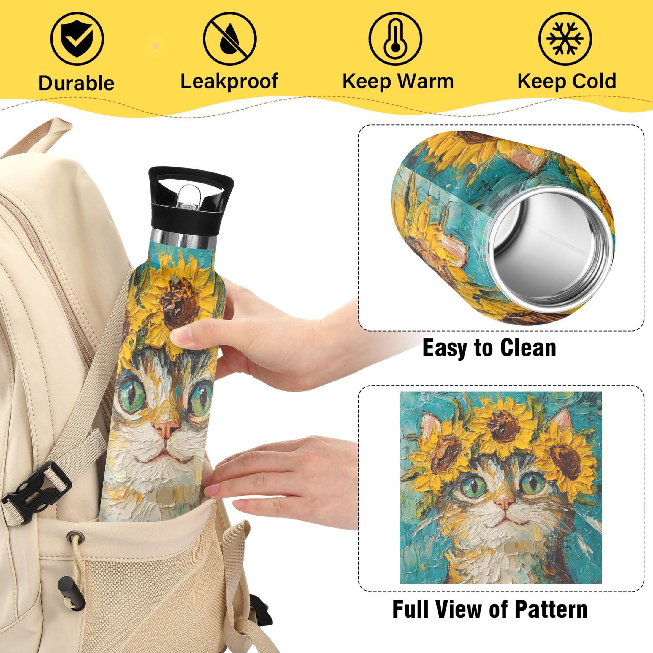 600ML Stainless Steel Insulated Cup Sports Water Bottle Portable Thermos Cup Water Glasses Insulated Tumblers Convenient and Durable Sunflower Cat