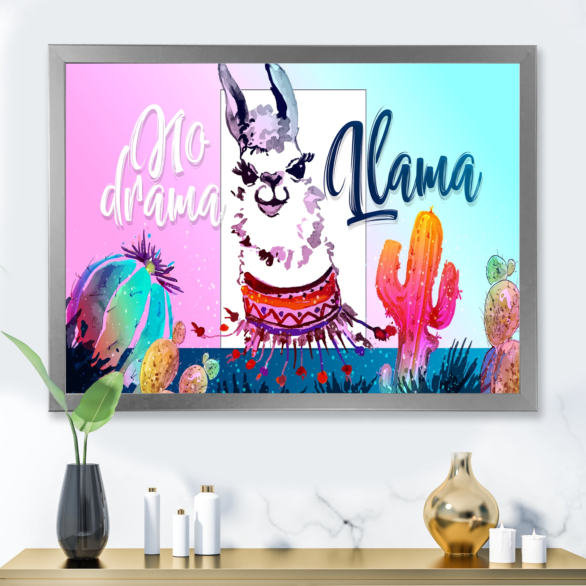 Designart 'No Drama and Colorful Llama' Children's Art Framed Art Print