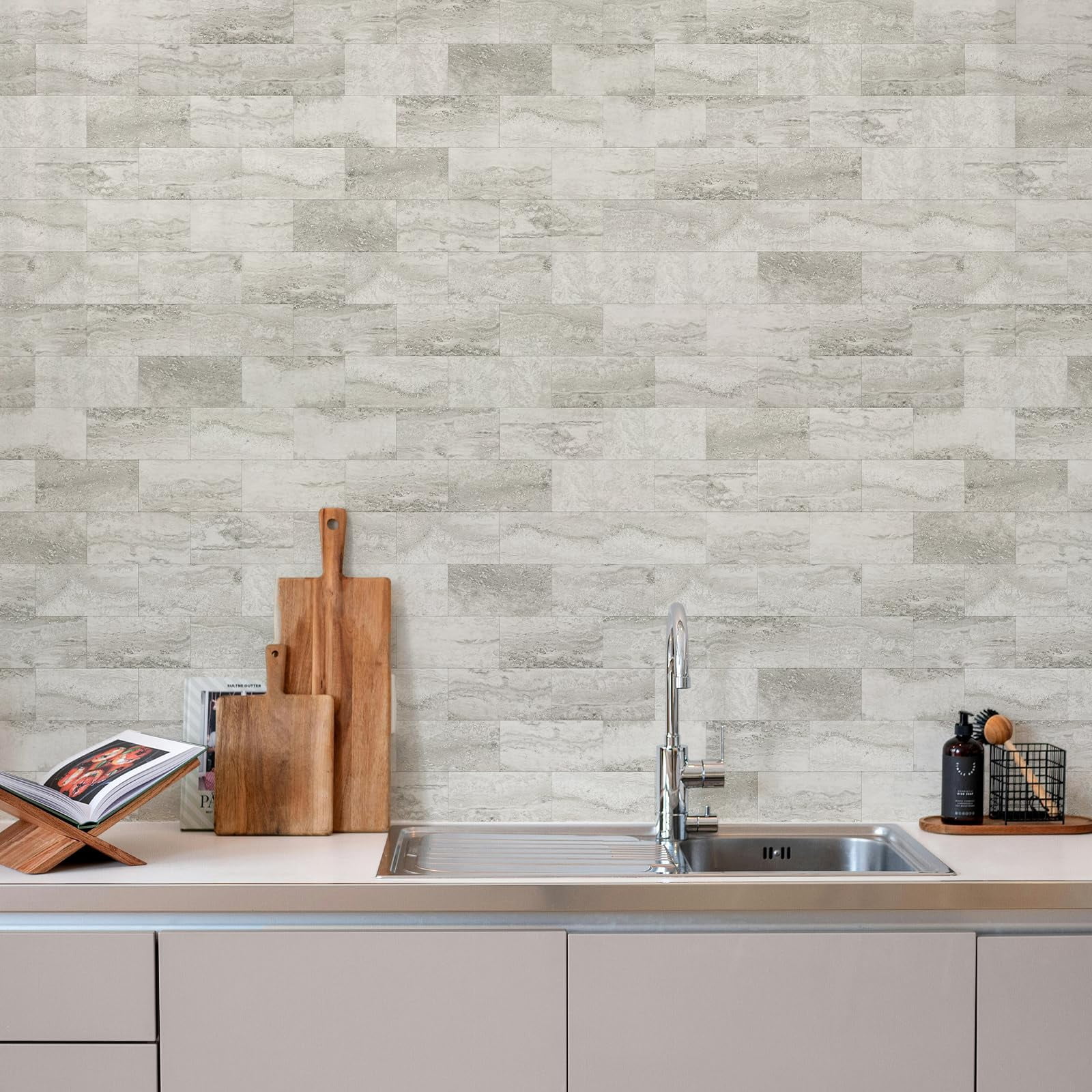 100-piece Matt Beige Mixed Grey Slate Peel And Stick Backsplash Seamless 3''x6'' Pvc Subway On For Kitchen/bathroom/laundry Room