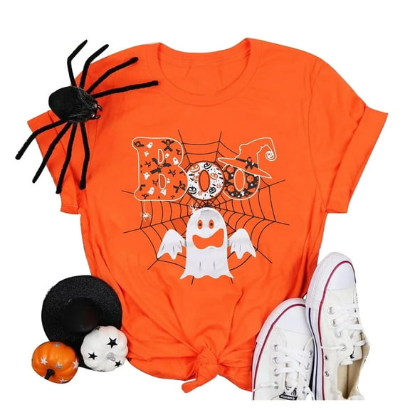 VILOVE Women Halloween Boo T-Shirts Funny Ghost Pumpkin Spider Graphic Crew Neck Tees Tops