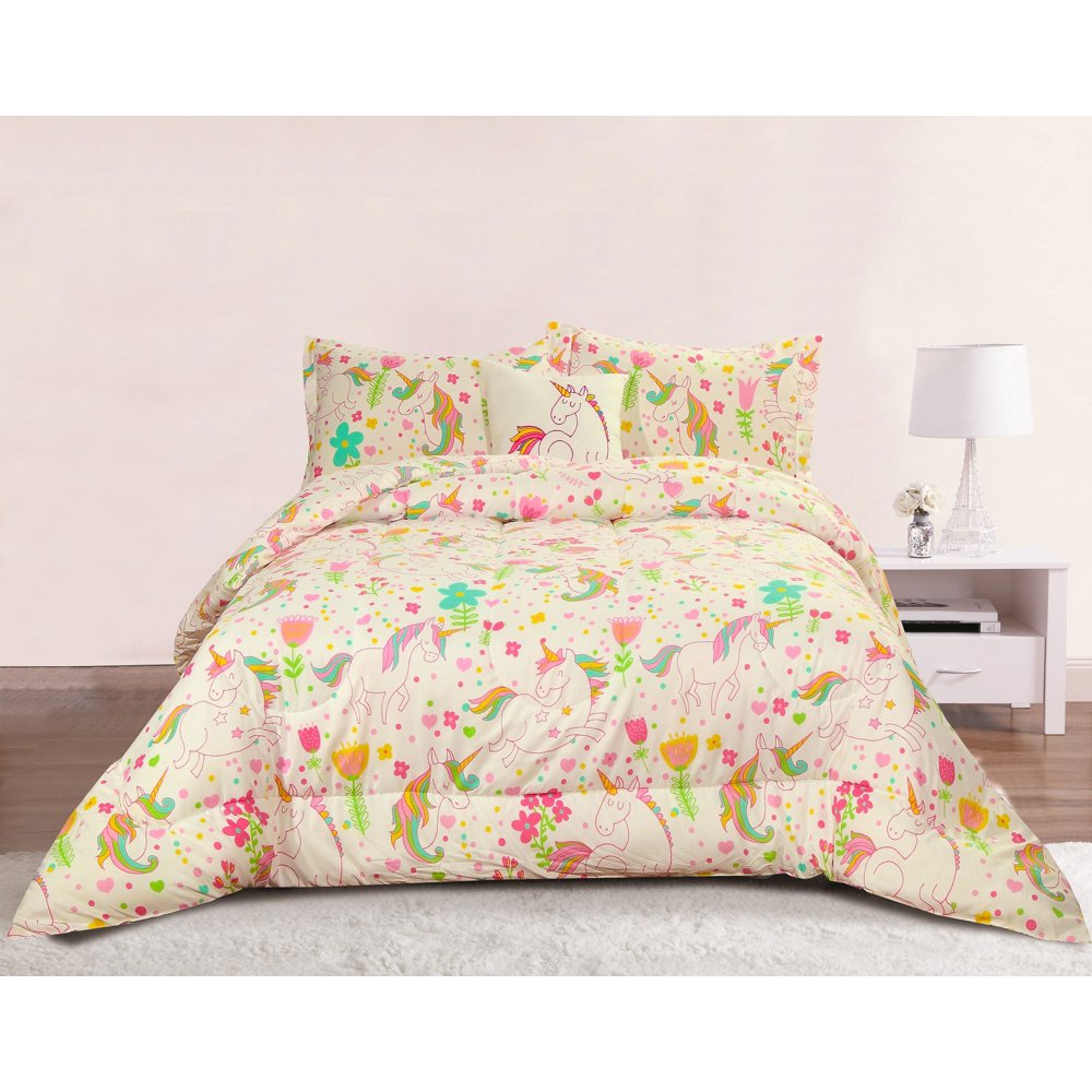 Unicorn Girls Bedding Twin 3 Piece Comforter Bed Set, Pastel Heart