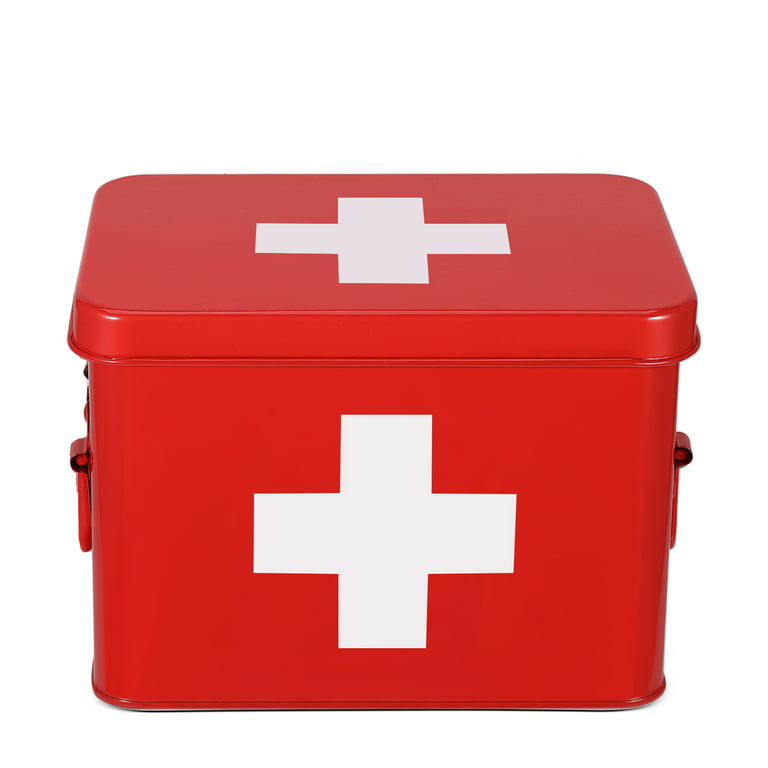 Flexzion First Aid Medicine Box Supplies Kit Organizer - Empty 13 Green  Metal Tin Medic Storage Bin Hard Case with Removable Tray White Cross
