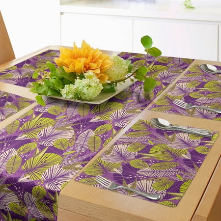 

Vibrant Table Runner & Placemats Continuous Rain Forest Botanical Leaves Illustration Set for Dining Table Decor Placemat 4 pcs + Runner 16 x72 Yellow Green Plum by Ambesonne