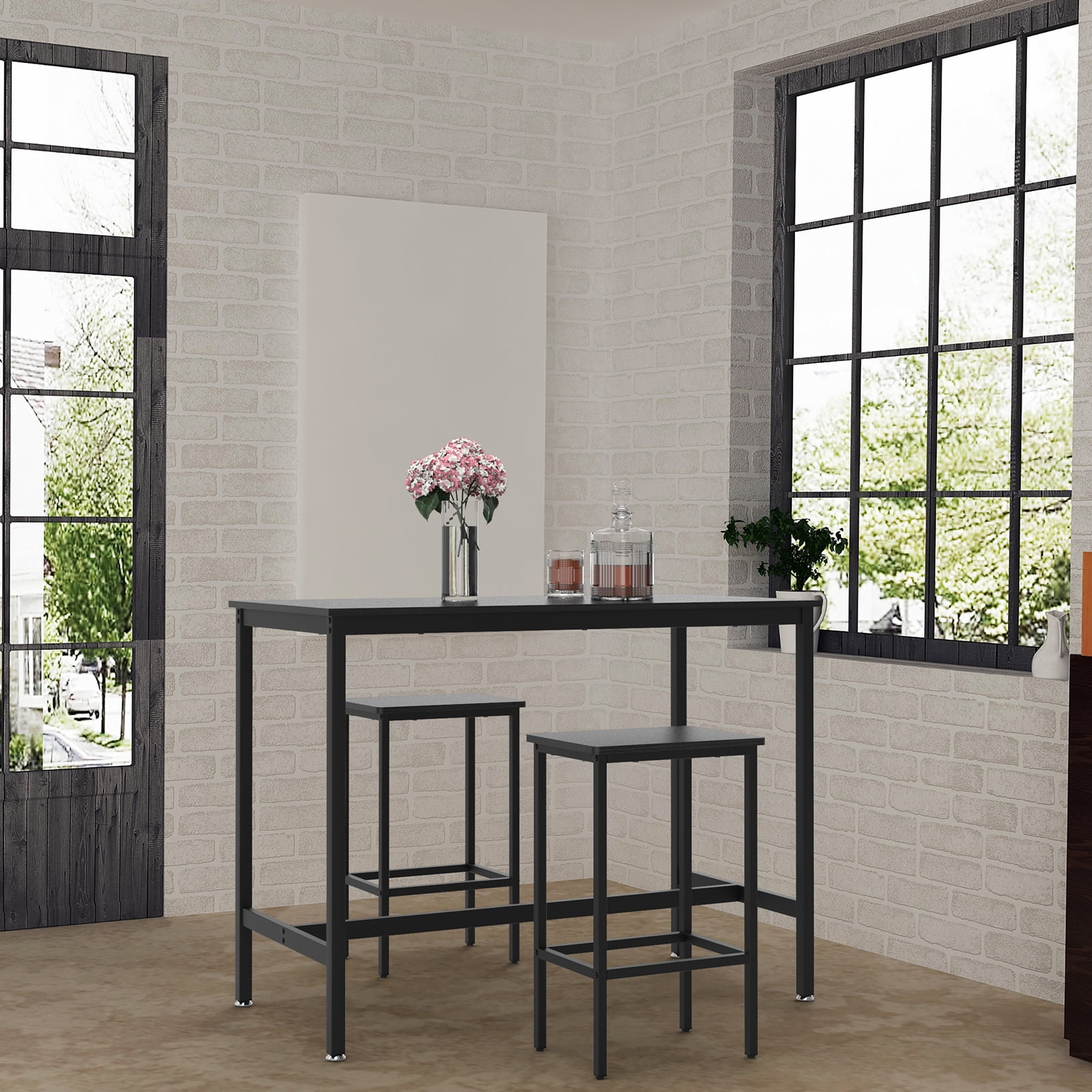 3 Piece Bar Table and 2 Chairs Set Counter Height Dining Set, Black