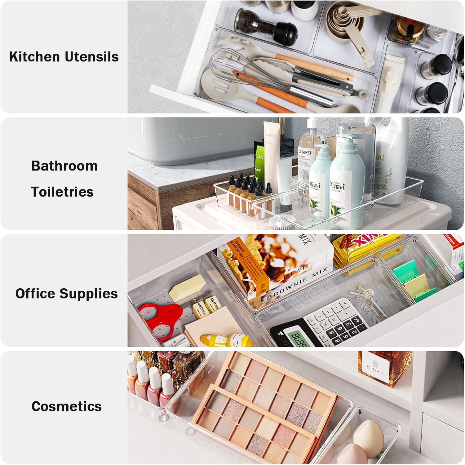 26 PCS Drawer Organizer Bins, 4 Size Clear Plastic Stackable Vanity Drawer Organizer and Storage, Non-Slip Storage Bins for Makeup, Kitchen, Bathroom