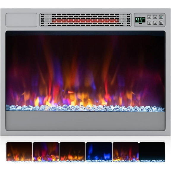 ORALNER 23” Electric Fireplace Inserts, Recessed Fireplace Insert with 6 Flame Colors, 5 Brightness, Remote Control, 8H Timer, Thermostat, Crystal, Infrared Heater for Indoor, 1500W (Silver)