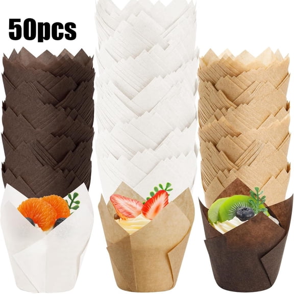 Tarmeek 50-Pack Tulip Cupcake Liners for Baking, 1.97 Inch Natural, Food-grade Cupcake Liners Baking Cups Greaseproof Paper Muffin Liners Cups, Non-Stick Easy Release for Birthday Party & Home Baking