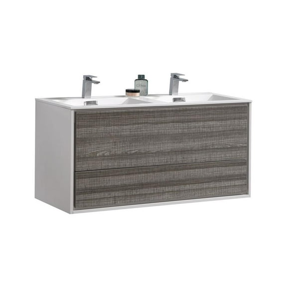 Kubebath DeLusso 48" Double Sink  Ash Gray Wall Mount Modern Bathroom Vanity
