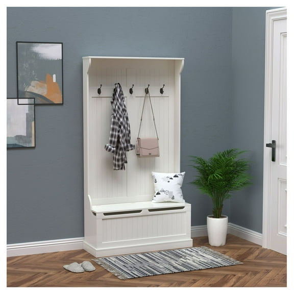 71" Hall Tree with Storage Bench, White Coat Rack Organizer - 3-in-1 Entryway Shoe Bench, Space Saving Mudroom Furniture for Entryway, Hallway