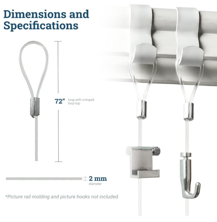 Picture Hang Solutions - 25-lb Capacity Nylon Loop Hanging Cables - 72-inch 2mm Hanging Wire - Gallery Hanging System (20 pieces per pack)