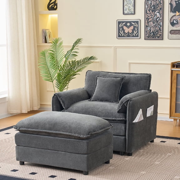 Oversized 57.48" Recliner Chair with Movable Ottoman, Soft Chenille Upholstered Indoor Lounge Chair with Side Pocket for Living Room, Bedroom, Apartment, Easy Assembly, DIY Combination, Grey