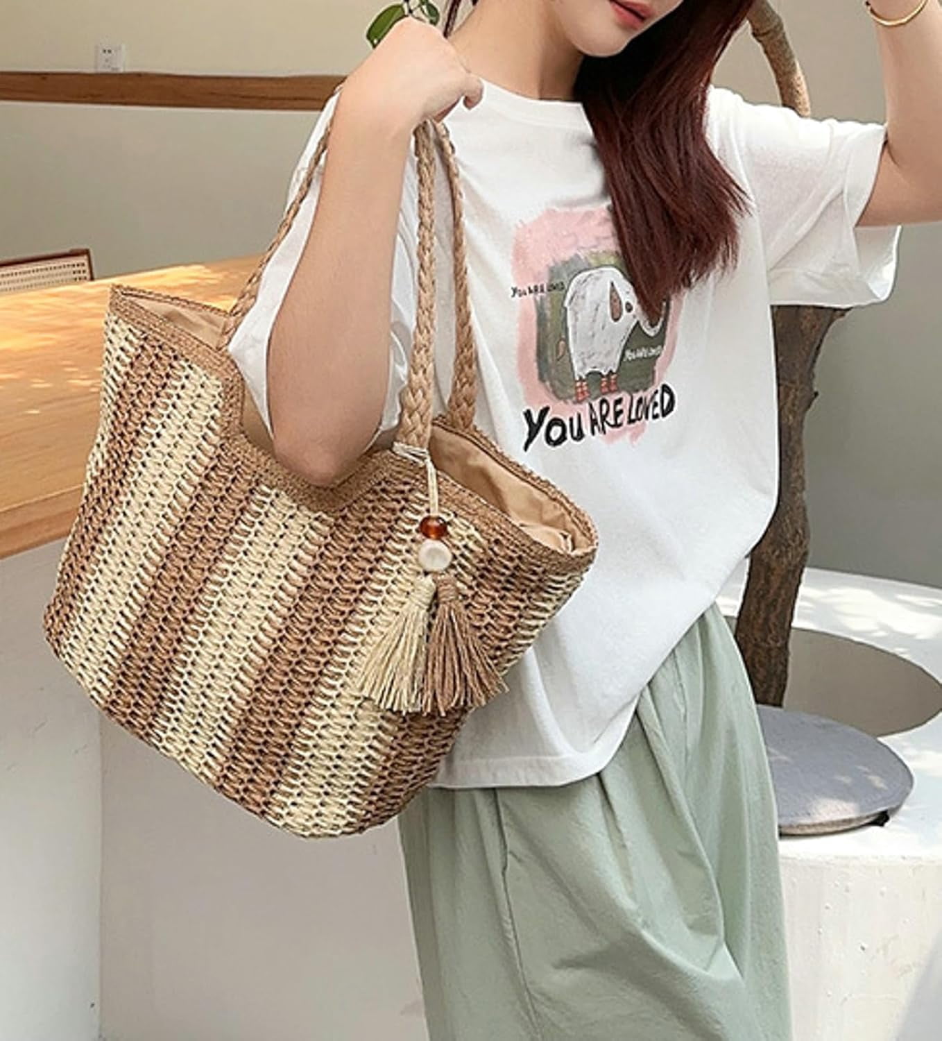 Zhengup Shoulder Bag Women Beach Tote Bag Ladies Straw Purses Handbags Summer Crochet Hand Woven Stripe