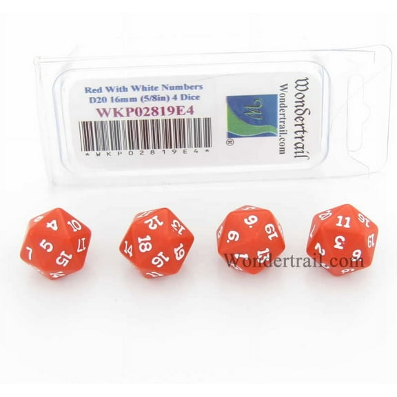 Red Opaque Dice with White Numbers D20 16mm (5/8in) Pack of 4 Wondertrail