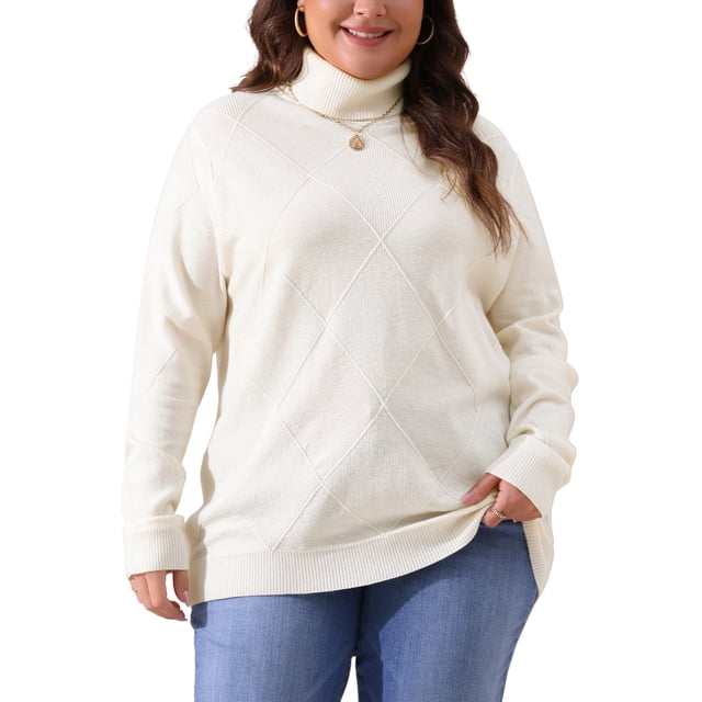 GRACE & GRANDEUR Chandails à Col Roulé Légers à Manches Longues pour Femmes Grande Taille1X Blanc Crème