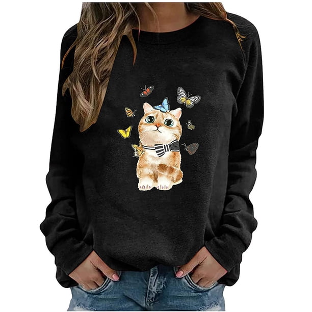 Mujeres Casual Tops Moda O-cuello Gato Impreso Sudadera Blusa Gegular Pollover Pompotops gfhjh3544
