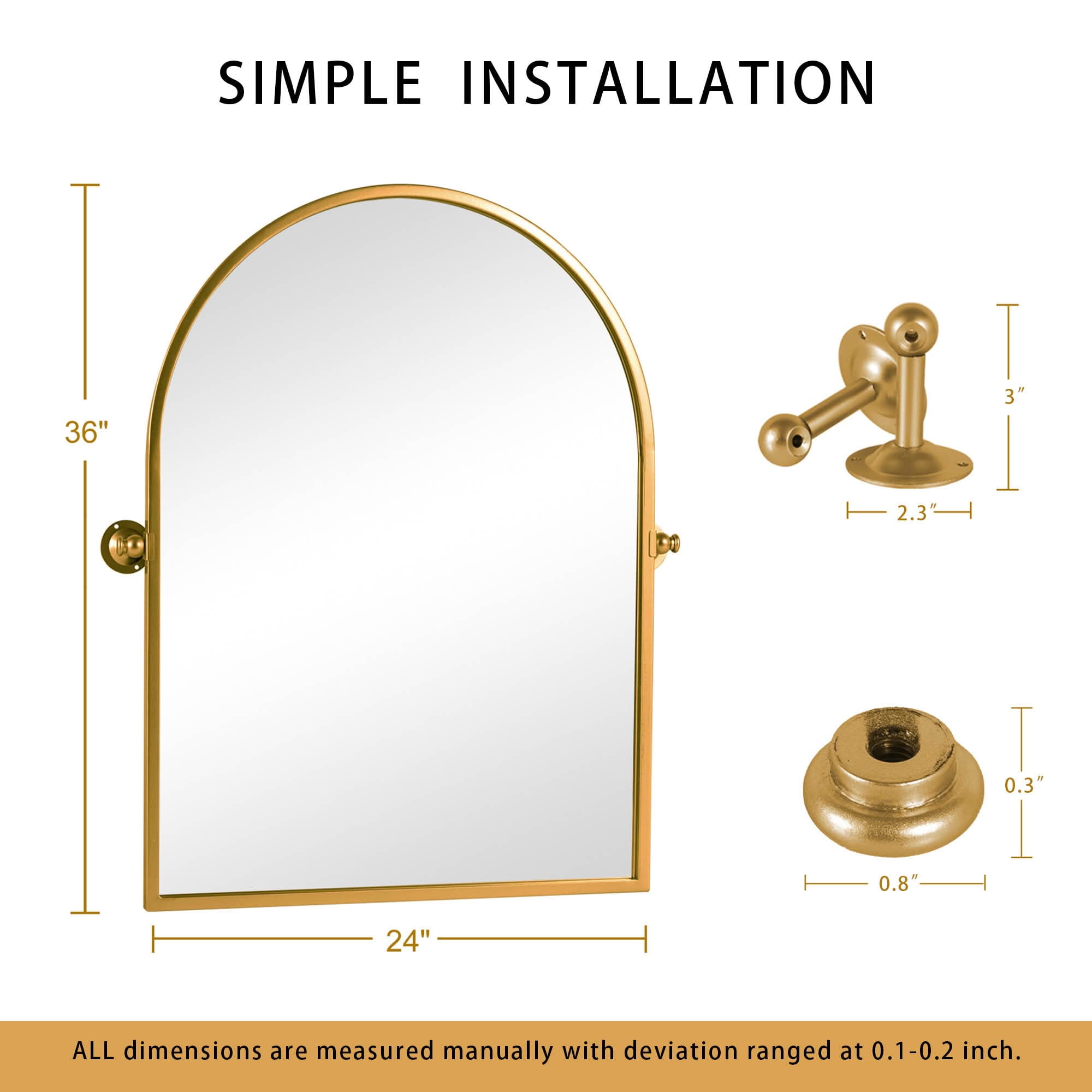 MAYEERTY 36x24x2 Inch Gold Metal Right Angle Arched Wall Mounted Mirror for Home Bathroom