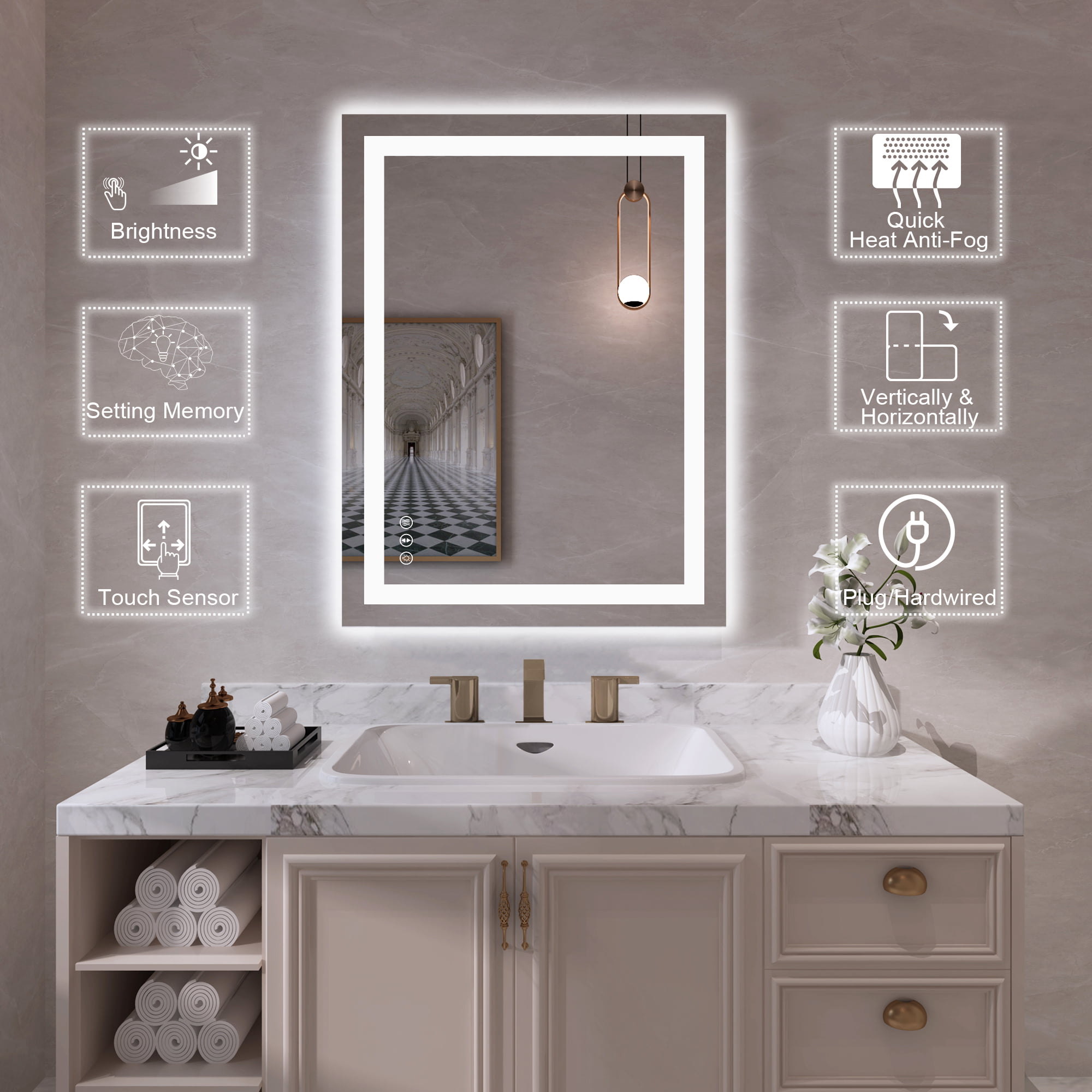 ANTEN 32x24 inch LED Lighted Bathroom Mirror, Wall Mounted Bathroom Vanity  Mirror, Dimmable Touch Switch Control, 3000-6000K Adjustable Warm