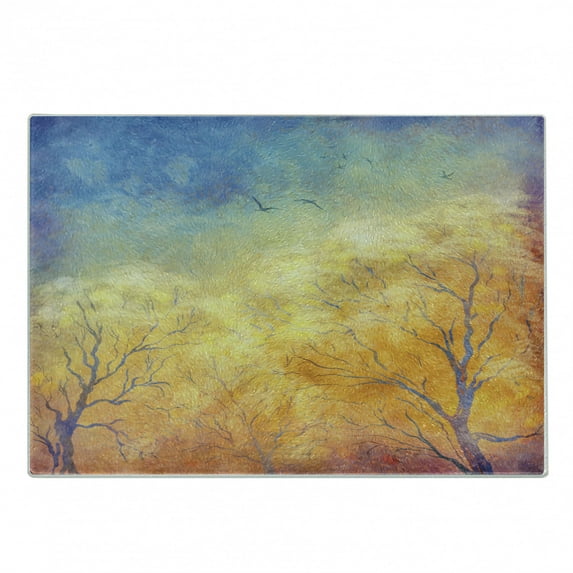 Nature Cutting Board, Autumn Trees Gulls Skying in Sky Watercolor Paintbrush Fall Art, Decorative Tempered Glass Cutting and Serving Board, Small Size, Blue Marigold Yellow, by Ambesonne