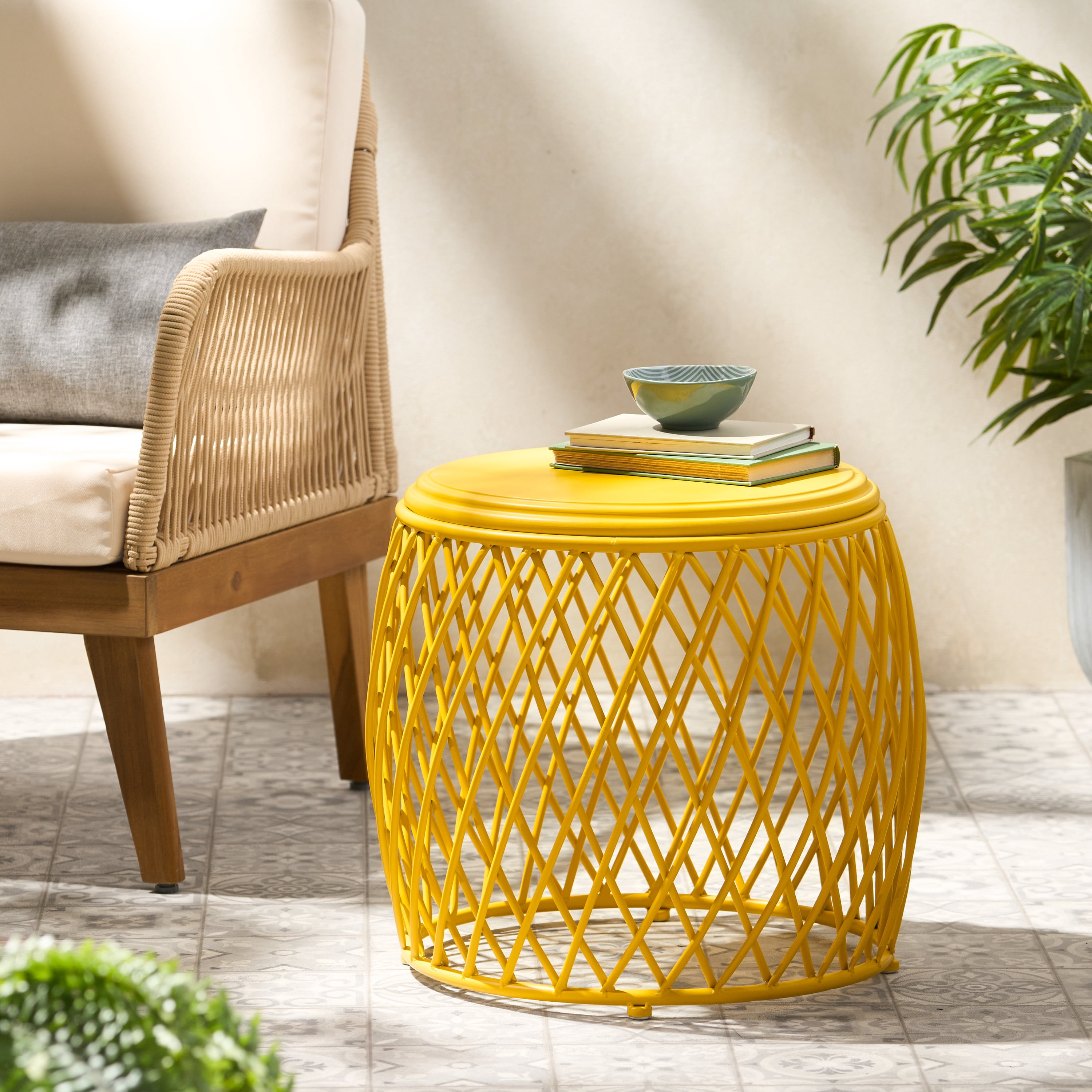 Outdoor Lattice Pattern Iron Side Table 19.75 Inch, Retro Decor Table for Patio Garden, Yellow