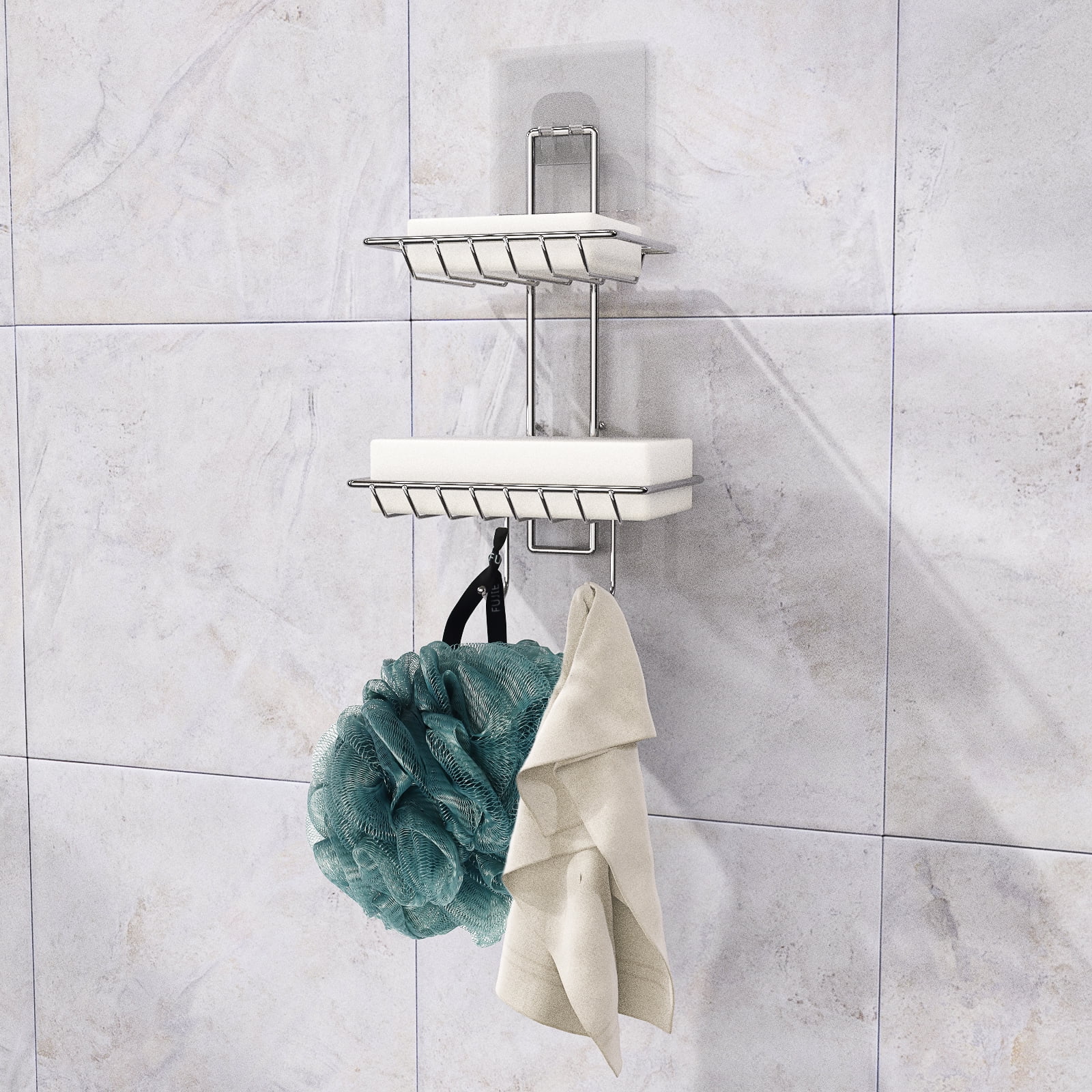 Shower Loofah Holder Shaver Holder Soap Shelf with Hook, 2 Tier