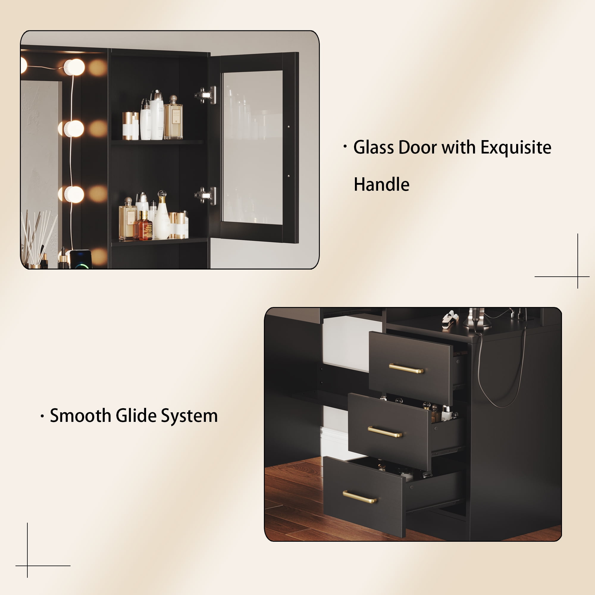UGTOO 58" Black Vanity Desk with 8 Drawers & 2 Cabinets, Large Bedroom Dressing Table with LED Lighted Mirror & Power Strip, Modern Home Office Makeup Station, High-Capacity Storage Furniture