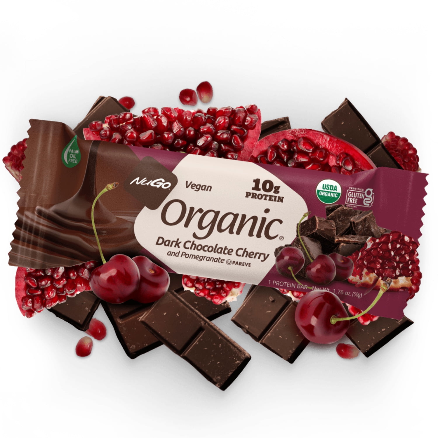 NuGo Organic Dark Chocolate Cherry and Pomegranate, 10g Vegan Protein, Gluten Free, 24 Count