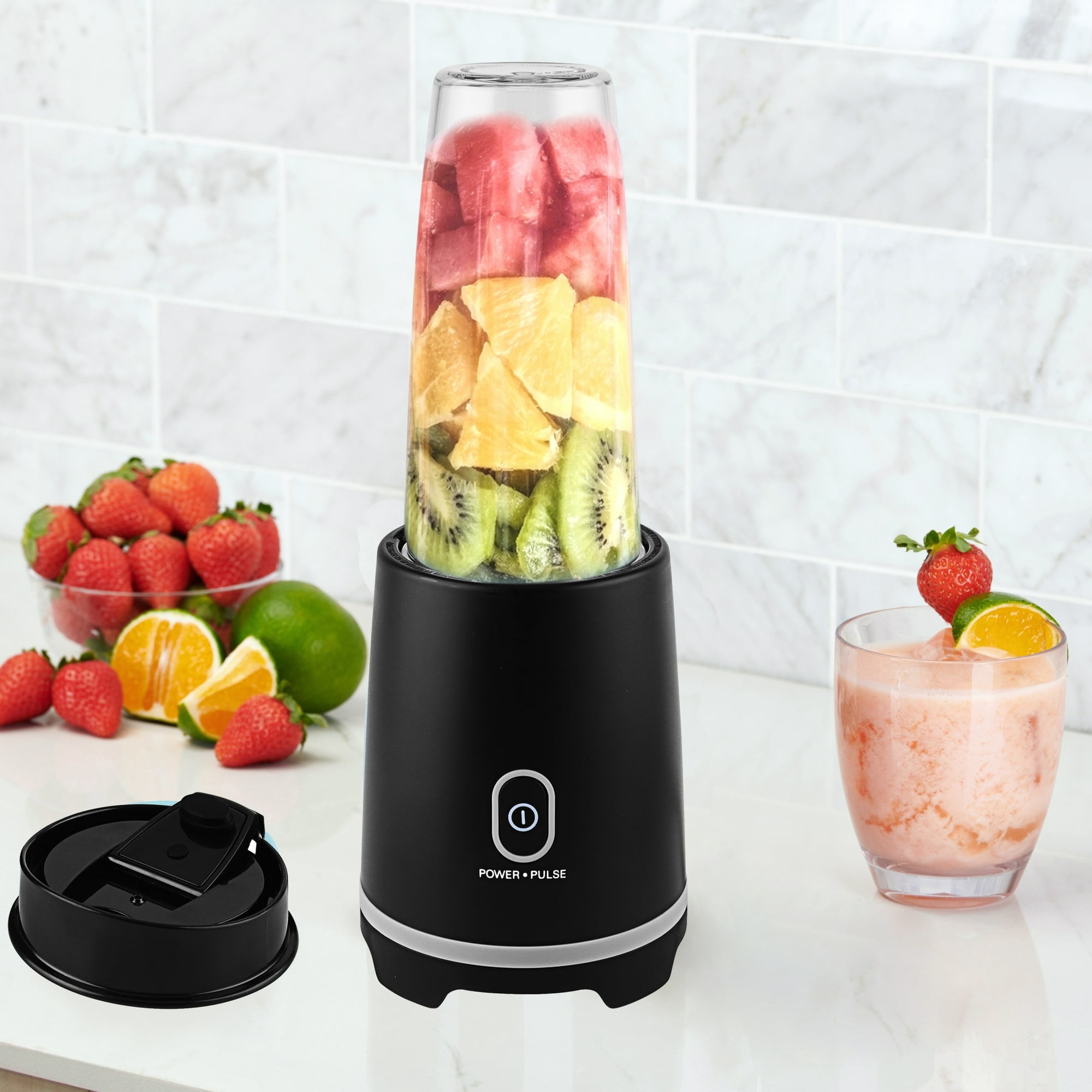 Mainstays Black Single-Serve Blender with 1 Travel Lid, 16 oz