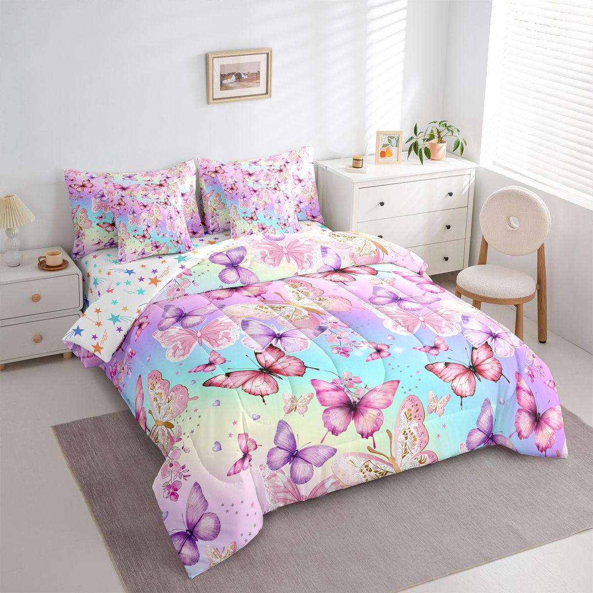 Homewish Flying Colorful Butterflies 7-Piece Bedding Comforter Set For Teens Girls Adults Female,Dreamy Princess King Bedding Sets,Abstract Gradient Ombre Ultra Soft Bed Sheets,Super Cozy Room Decor
