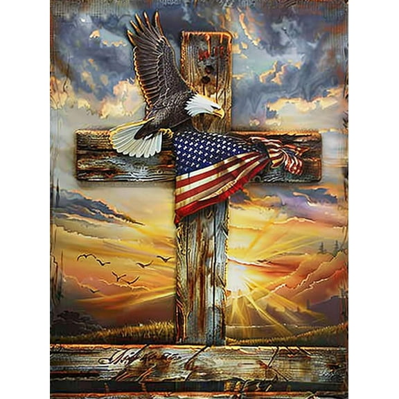 DIY 5D Diamond Painting Kit (For Adults) Diamond Painting "American Flag Flying on the Cross" - Full Diamond Crystal Rhinestone Embroidery Craft Kit, Can be Used as Gift, Wall Decoration