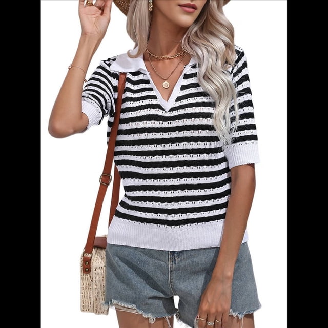 Suéter Corto A Rayas para Mujer, Top de Verano de Corta con Cuello en V, Camisa Holgada y para Salir Negro L